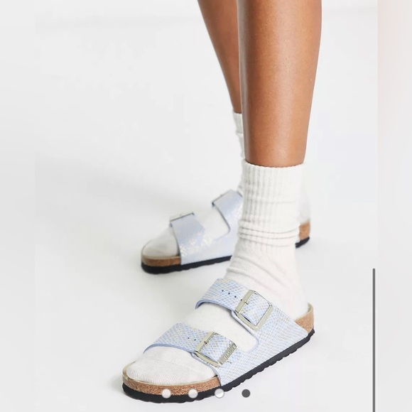 NWOT Birkenstock Arizona dusty blue flat shiny python sandals, size 38 - Picture 2 of 14